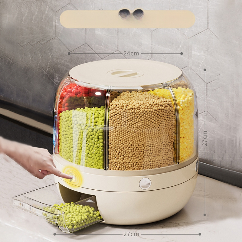 Κυκλική θήκη αποθήκευσης δημητριακών με 6 διαμερίσματα — σφραγισμένη, ανθεκτική στα έντομα και στην υγρασία, τροφικής ποιότητας ABS+PET+AS, χωρητικότητα 5 L+