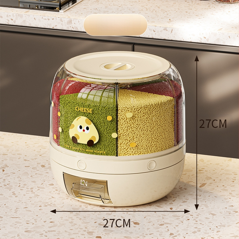 Κυκλική θήκη αποθήκευσης δημητριακών με 6 διαμερίσματα — σφραγισμένη, ανθεκτική στα έντομα και στην υγρασία, τροφικής ποιότητας ABS+PET+AS, χωρητικότητα 5 L+