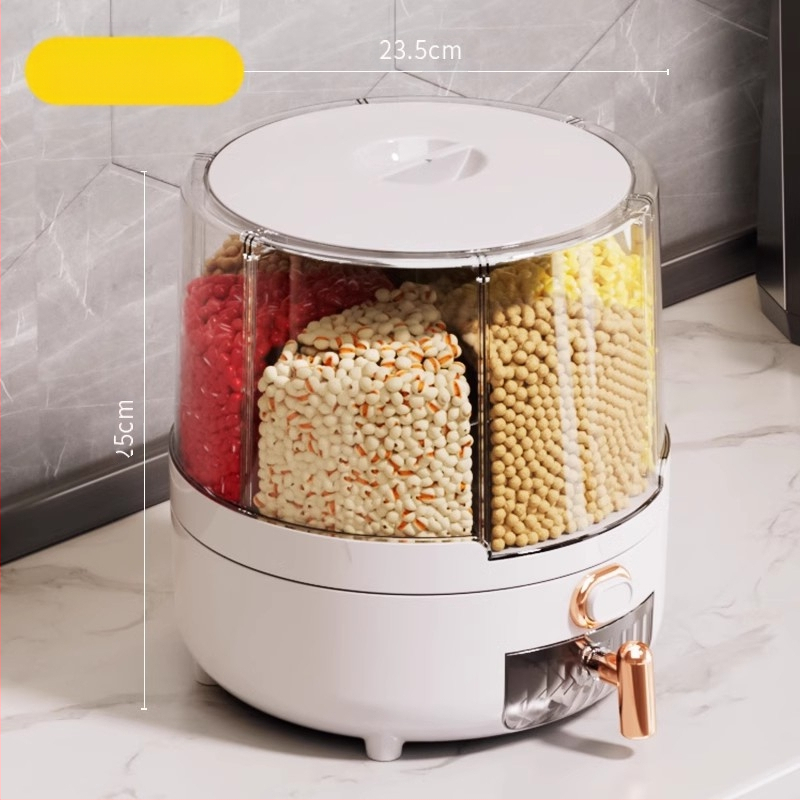 Κυκλική θήκη αποθήκευσης δημητριακών με 6 διαμερίσματα — σφραγισμένη, ανθεκτική στα έντομα και στην υγρασία, τροφικής ποιότητας ABS+PET+AS, χωρητικότητα 5 L+