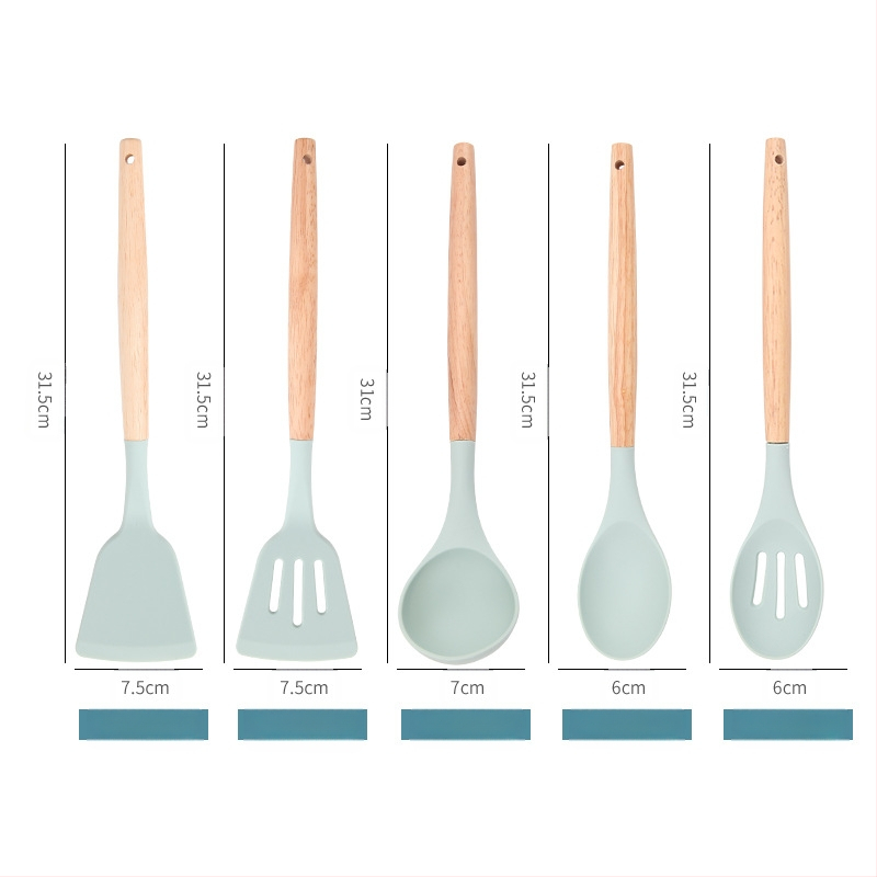 Šaukštų ir mentelelių rinkinys - Silikoniniai virtuvės įrankiai su medinėmis rankenėlėmis, 12 vnt., šiuolaikiškas minimalistinis dizainas, atsparus karščiui ir slydimui