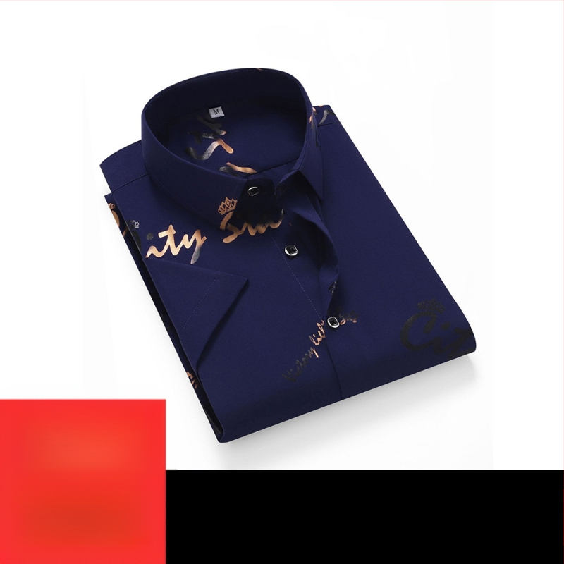 Мъжка риза - полиестерова смес, бързосъхнеща, без гладене, жакардов флорален принт, къс ръкав