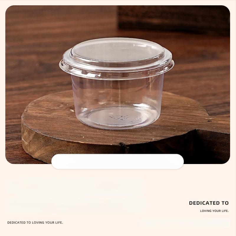 Deserto puodelių pakuotė (apvalios formos, iš plastiko, talpa mažiau nei 100 ml, skirtos pieno arbatinių parduotuvėms, mikrobangų krosnelė neprieinama)