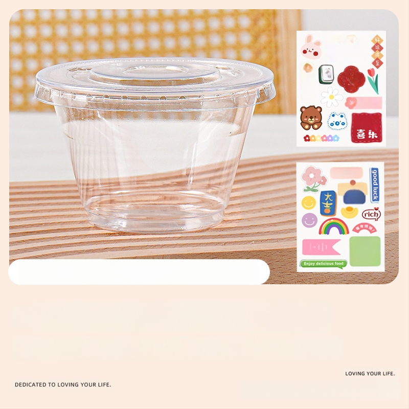 Deserto puodelių pakuotė (apvalios formos, iš plastiko, talpa mažiau nei 100 ml, skirtos pieno arbatinių parduotuvėms, mikrobangų krosnelė neprieinama)