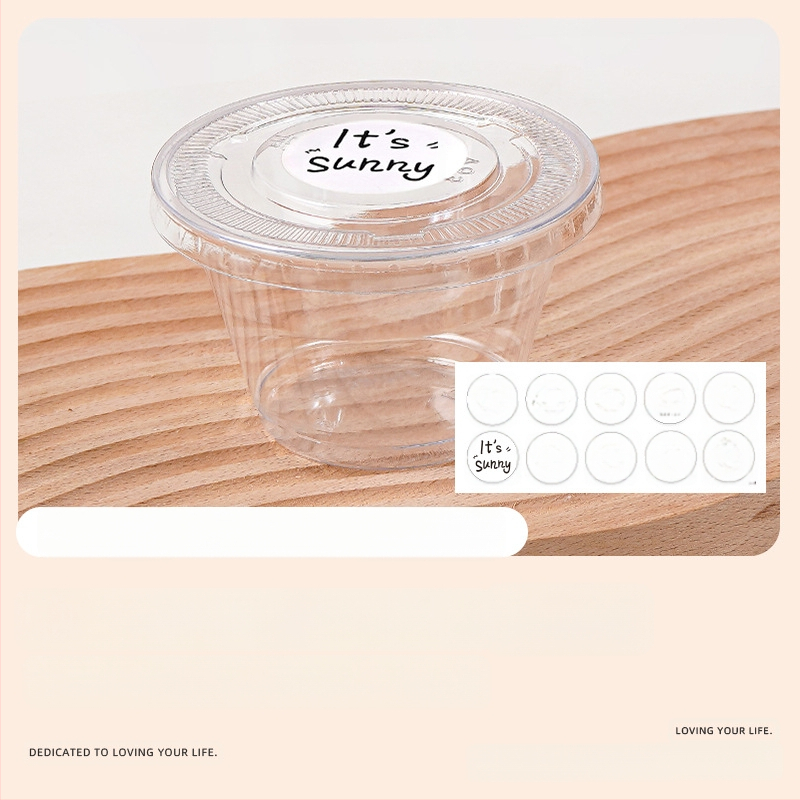 Deserto puodelių pakuotė (apvalios formos, iš plastiko, talpa mažiau nei 100 ml, skirtos pieno arbatinių parduotuvėms, mikrobangų krosnelė neprieinama)