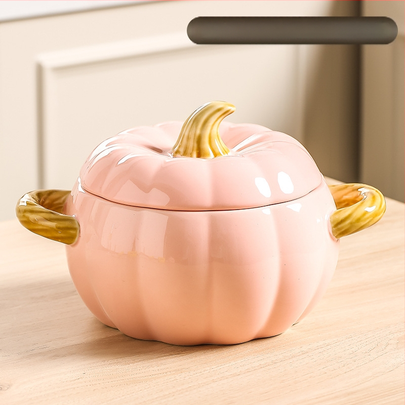 Κεραμικό μπολ σούπας με καπάκι, σχέδιο κολοκύθας, διπλά αυτιά, στρογγυλό, κατάλληλο για μικροκύματα