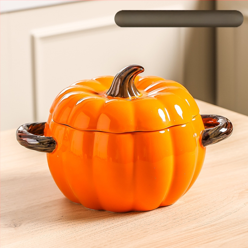 Κεραμικό μπολ σούπας με καπάκι, σχέδιο κολοκύθας, διπλά αυτιά, στρογγυλό, κατάλληλο για μικροκύματα