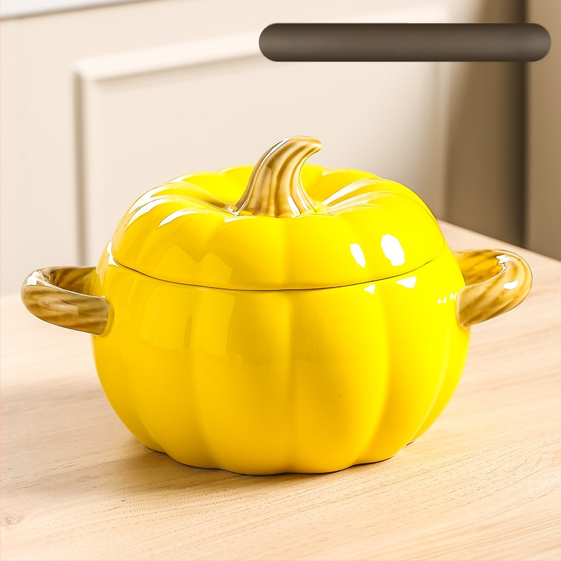 Κεραμικό μπολ σούπας με καπάκι, σχέδιο κολοκύθας, διπλά αυτιά, στρογγυλό, κατάλληλο για μικροκύματα