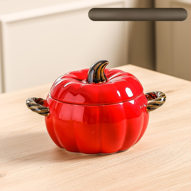 Κεραμικό μπολ σούπας με καπάκι, σχέδιο κολοκύθας, διπλά αυτιά, στρογγυλό, κατάλληλο για μικροκύματα