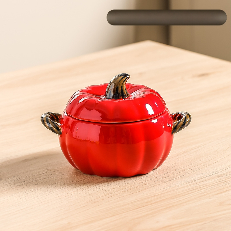 Κεραμικό μπολ σούπας με καπάκι, σχέδιο κολοκύθας, διπλά αυτιά, στρογγυλό, κατάλληλο για μικροκύματα