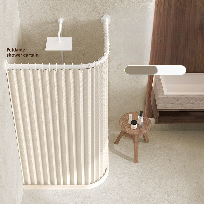 Κυρτή αναδιπλούμενη κουρτίνα ντους για μπάνιο, αδιάβροχη, διαχωρισμός στεγνό-υγρό, υλικό πολυεστέρας, μοντέρνο μινιμαλιστικό στυλ, μάρκα Makuo, μοντέλο Xh-hx01, επιλογές προσαρμογής: εκτύπωση, σχέδιο, επεξεργασία