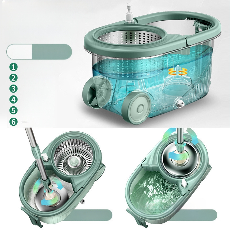 Forgó mop készlet kéz nélküli kicsavarással, mikroszálas mop, rozsdamentes acél rúd