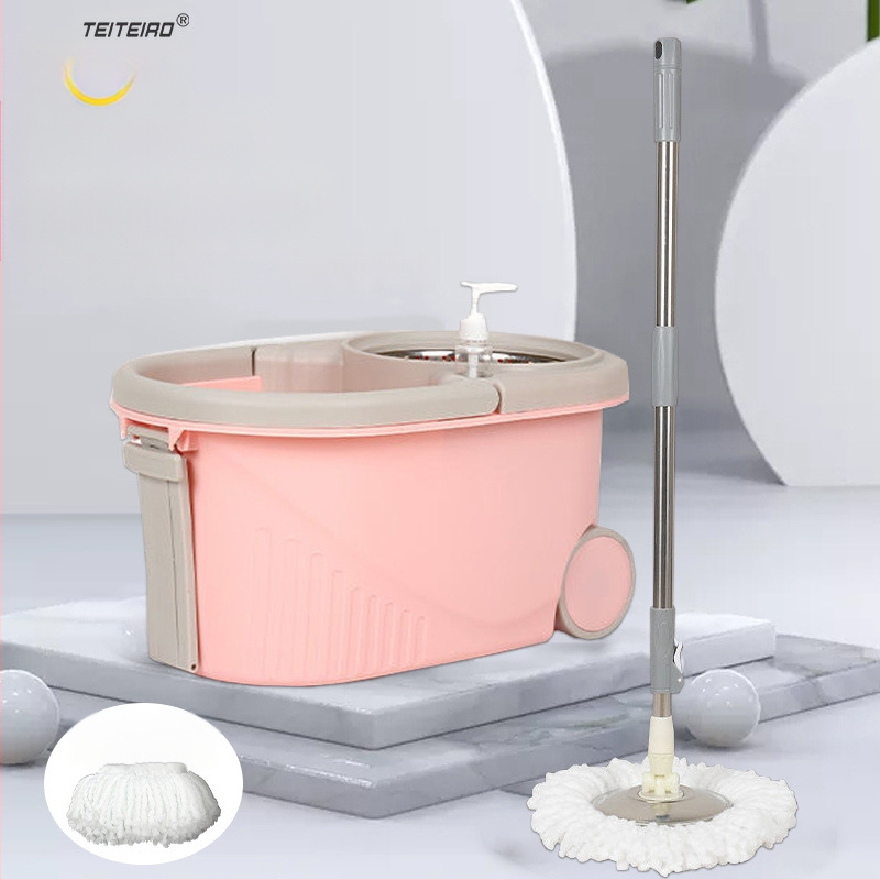 Forgó mop készlet kéz nélküli kicsavarással, mikroszálas mop, rozsdamentes acél rúd