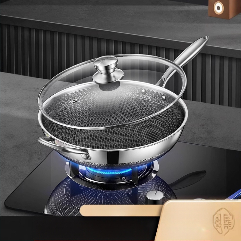 Γουόκ από ανοξείδωτο χάλυβα με αντικολλητική επίστρωση, βαθύς πυθμένα, 1 kg, συμβατό με όλες τις εστίες, μοντέρνος μινιμαλιστικός σχεδιασμός