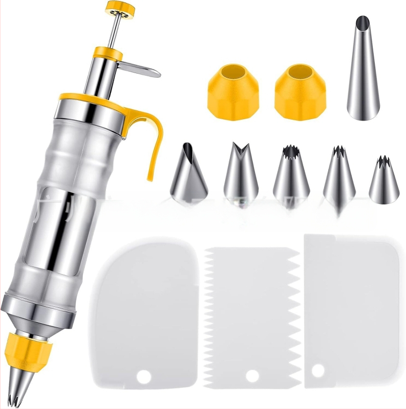 Dekoravimo šautuvas tortams ir sausainiams — rankinis kremas dekoravimo įrankis iš nerūdijančio plieno ir plastiko, modernus minimalistinis dizainas, komplekte antgalis ir maišelis