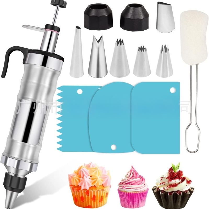 Dekoravimo šautuvas tortams ir sausainiams — rankinis kremas dekoravimo įrankis iš nerūdijančio plieno ir plastiko, modernus minimalistinis dizainas, komplekte antgalis ir maišelis