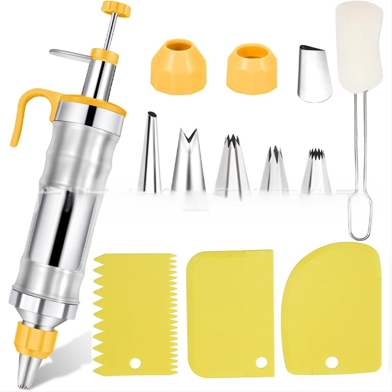 Dekoravimo šautuvas tortams ir sausainiams — rankinis kremas dekoravimo įrankis iš nerūdijančio plieno ir plastiko, modernus minimalistinis dizainas, komplekte antgalis ir maišelis