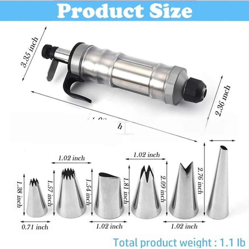 Dekoravimo šautuvas tortams ir sausainiams — rankinis kremas dekoravimo įrankis iš nerūdijančio plieno ir plastiko, modernus minimalistinis dizainas, komplekte antgalis ir maišelis