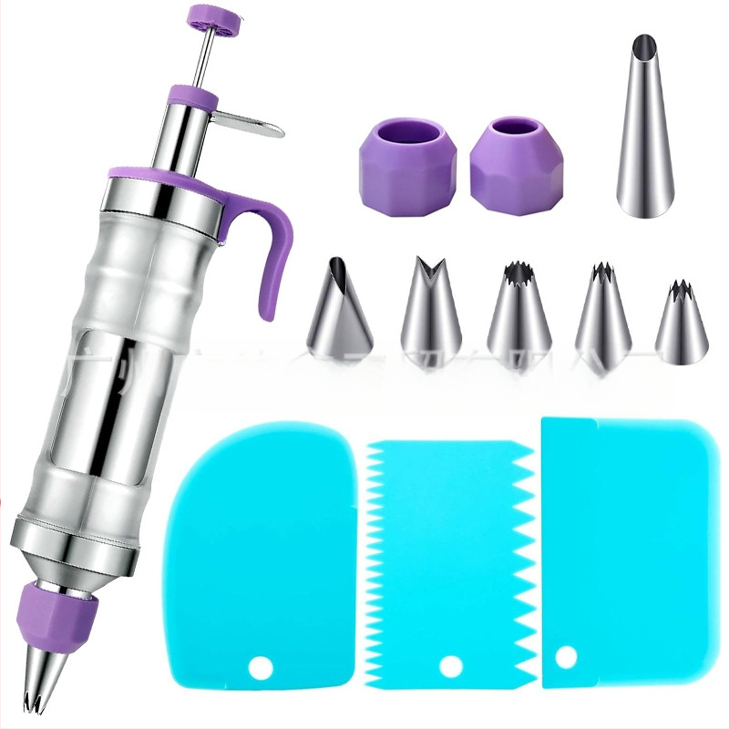 Dekoravimo šautuvas tortams ir sausainiams — rankinis kremas dekoravimo įrankis iš nerūdijančio plieno ir plastiko, modernus minimalistinis dizainas, komplekte antgalis ir maišelis