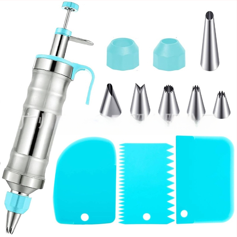 Dekoravimo šautuvas tortams ir sausainiams — rankinis kremas dekoravimo įrankis iš nerūdijančio plieno ir plastiko, modernus minimalistinis dizainas, komplekte antgalis ir maišelis