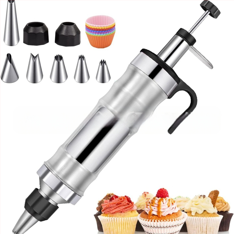 Dekoravimo šautuvas tortams ir sausainiams — rankinis kremas dekoravimo įrankis iš nerūdijančio plieno ir plastiko, modernus minimalistinis dizainas, komplekte antgalis ir maišelis