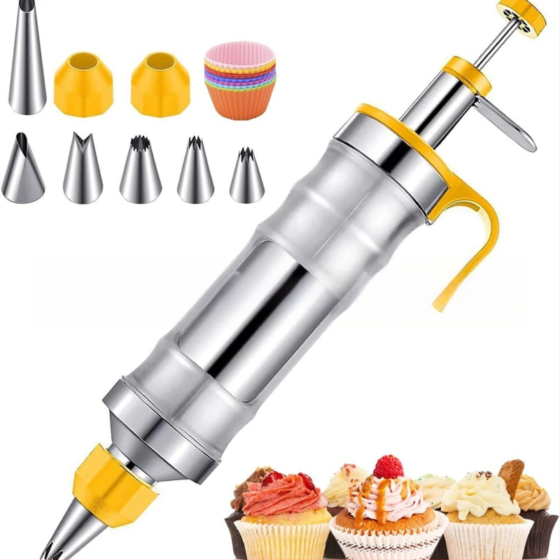 Dekoravimo šautuvas tortams ir sausainiams — rankinis kremas dekoravimo įrankis iš nerūdijančio plieno ir plastiko, modernus minimalistinis dizainas, komplekte antgalis ir maišelis