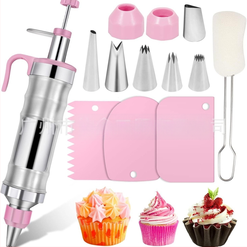 Dekoravimo šautuvas tortams ir sausainiams — rankinis kremas dekoravimo įrankis iš nerūdijančio plieno ir plastiko, modernus minimalistinis dizainas, komplekte antgalis ir maišelis