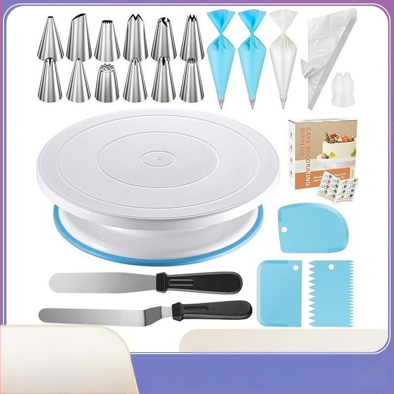 71 dalių torto dekoravimo rinkinys su pasukama platforma, dekoravimo antgaliai, dekoravimo maišelis ir kremas šepetėlis