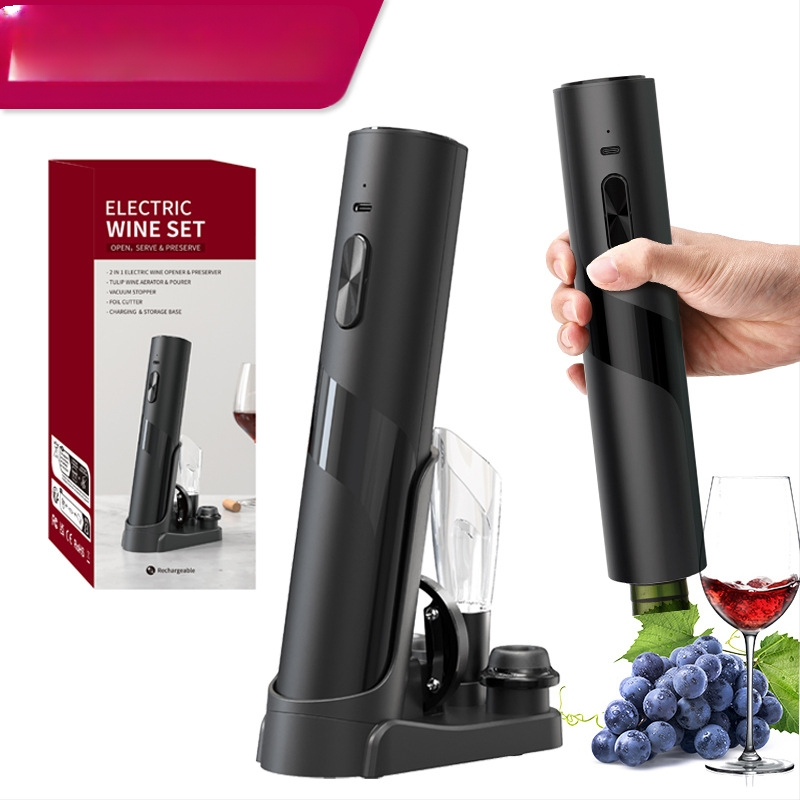 Σετ κρασιού, 5 τεμαχίων με κενού σφραγιστικό πώμα, διανομέας κρασιού, κόφτης αλουμινόφυλλου, ανοιχτήρι μπουκαλιού και βάση αποθήκευσης; πλαστικό υλικό, στιλ ελαφριάς πολυτέλειας ρετρό