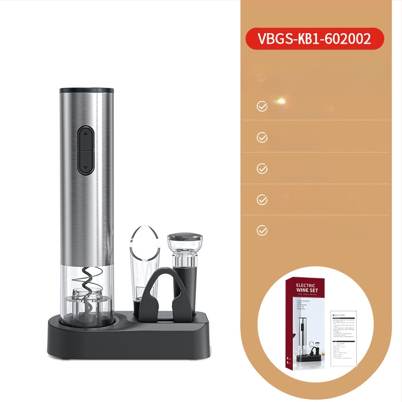 Σετ κρασιού, 5 τεμαχίων με κενού σφραγιστικό πώμα, διανομέας κρασιού, κόφτης αλουμινόφυλλου, ανοιχτήρι μπουκαλιού και βάση αποθήκευσης; πλαστικό υλικό, στιλ ελαφριάς πολυτέλειας ρετρό