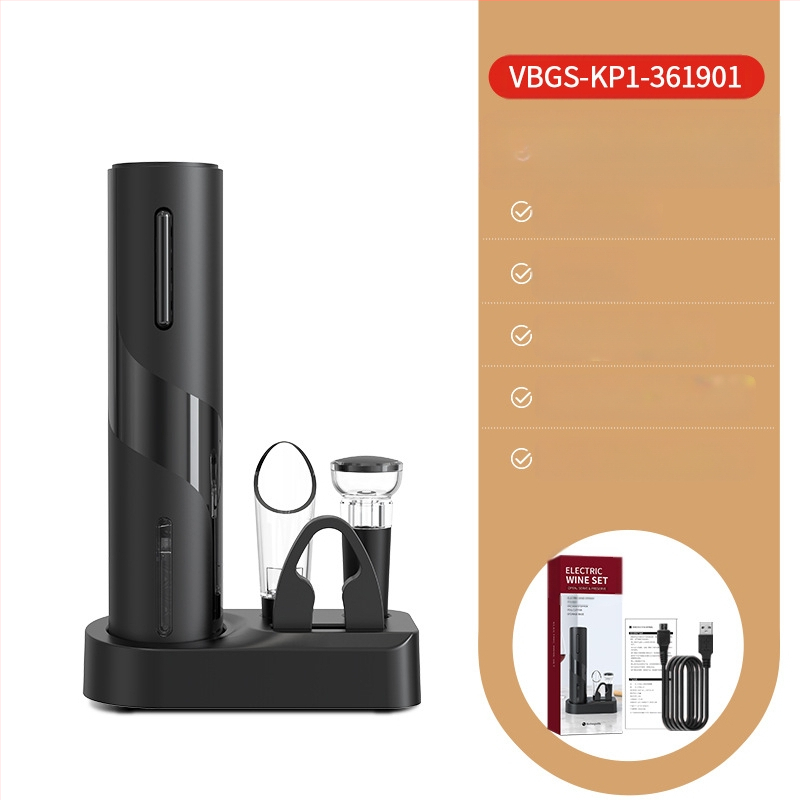 Σετ κρασιού, 5 τεμαχίων με κενού σφραγιστικό πώμα, διανομέας κρασιού, κόφτης αλουμινόφυλλου, ανοιχτήρι μπουκαλιού και βάση αποθήκευσης; πλαστικό υλικό, στιλ ελαφριάς πολυτέλειας ρετρό