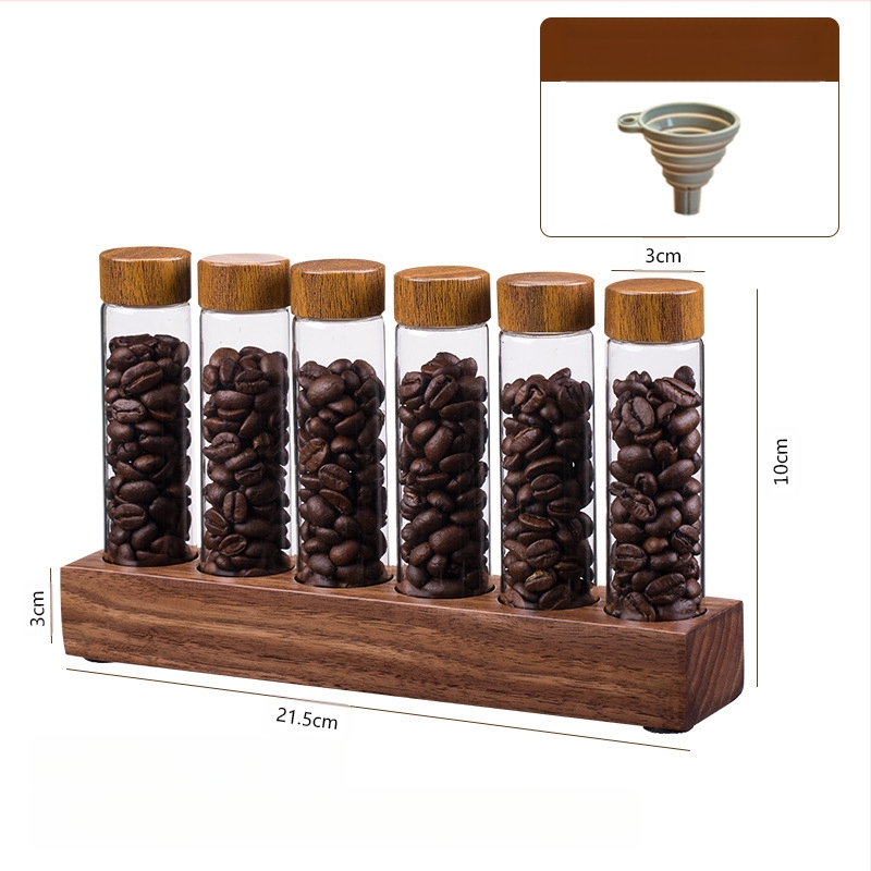 Kavos pupelių ekspozicinis stovas su graikinio riešuto medžio borosilikatiniais stiklainiais – uždara aromos saugykla