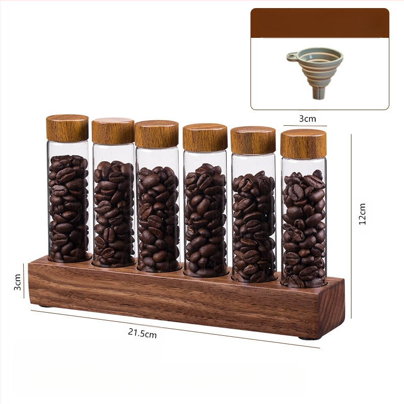 Kavos pupelių ekspozicinis stovas su graikinio riešuto medžio borosilikatiniais stiklainiais – uždara aromos saugykla