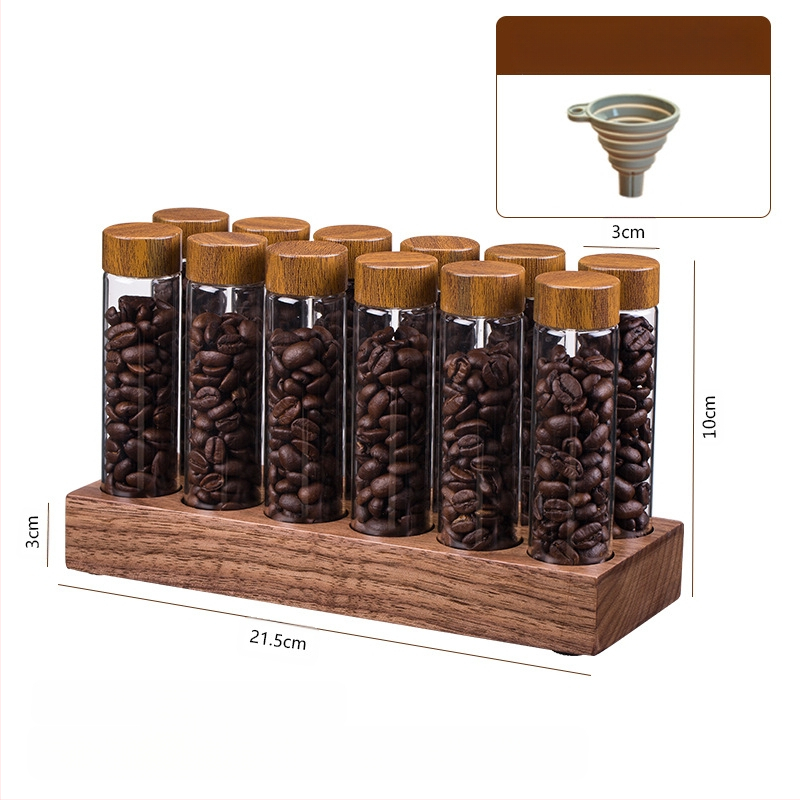 Kavos pupelių ekspozicinis stovas su graikinio riešuto medžio borosilikatiniais stiklainiais – uždara aromos saugykla