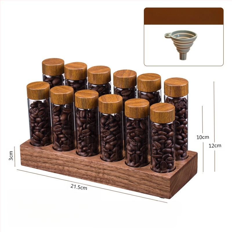 Kavos pupelių ekspozicinis stovas su graikinio riešuto medžio borosilikatiniais stiklainiais – uždara aromos saugykla