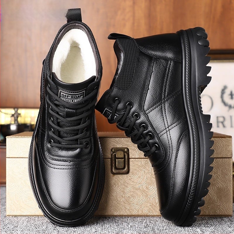 Ανδρικά χειμωνιάτικα παντόφλια από δέρμα αγελάδας πρώτης στρώσης, ψηλά, με καουτσούκ σόλα, κορδόνια, ζεστά και μη ολισθηρά, στρογγυλή μύτη