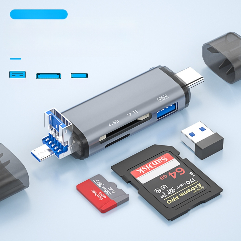 Cititor OTG pentru carduri – 6 în 1 SD/TF, USB 3.0, interfață USB-C, aliaj de aluminiu, portabil
