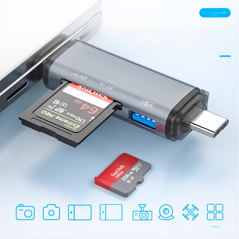 Cititor OTG pentru carduri – 6 în 1 SD/TF, USB 3.0, interfață USB-C, aliaj de aluminiu, portabil
