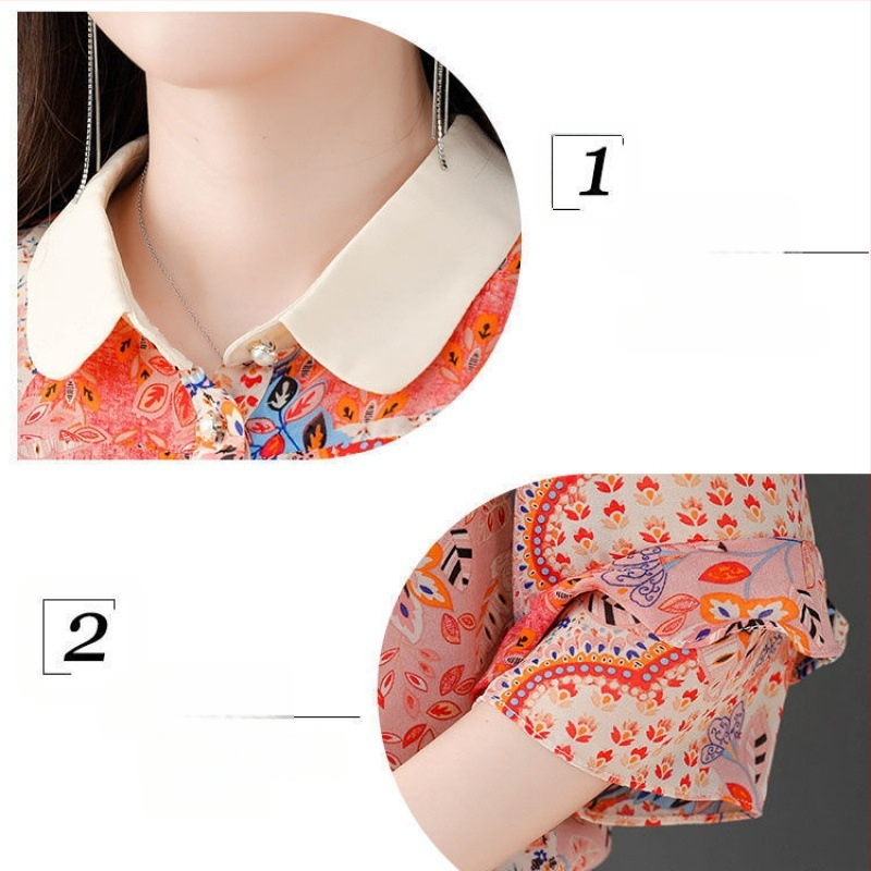 Bluza floral din chiffon pentru femei – guler polo, imprimeu, mâneci 7/8, Vară 2023