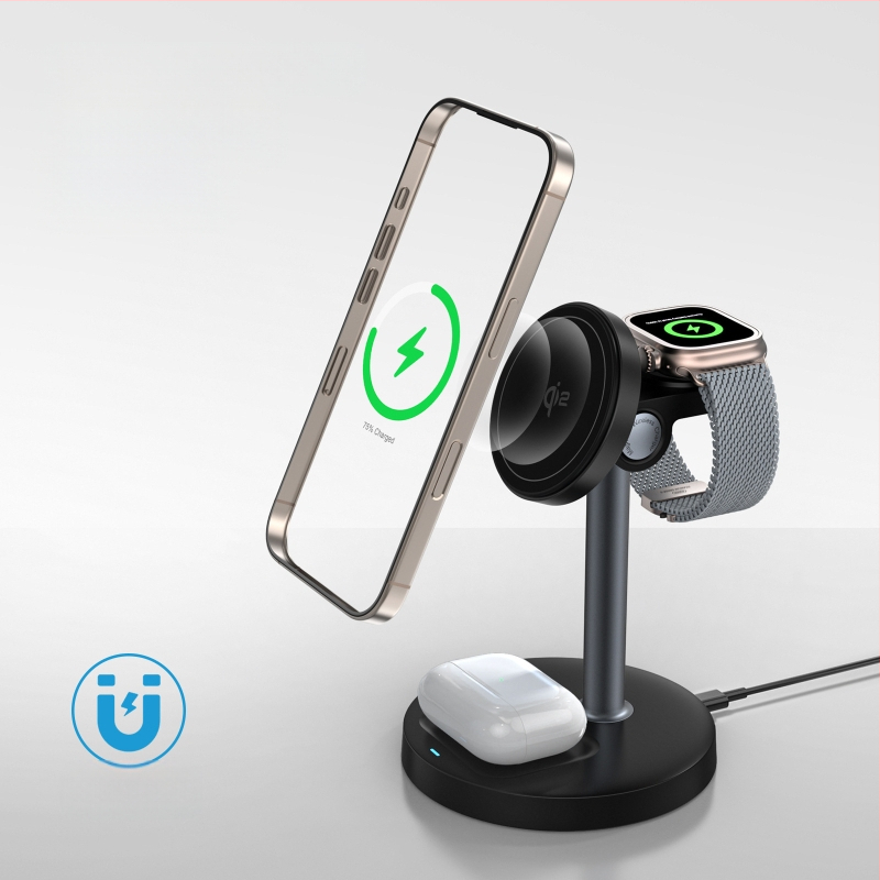 3-in-1 magnetinis belaidis įkroviklis su staliniu laikikliu telefonui ir laikrodžiui, Qi2 sertifikuotas, 15W maksimali galia, QC3.0