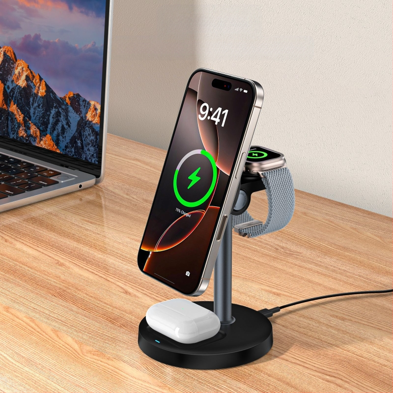 3-in-1 magnetinis belaidis įkroviklis su staliniu laikikliu telefonui ir laikrodžiui, Qi2 sertifikuotas, 15W maksimali galia, QC3.0