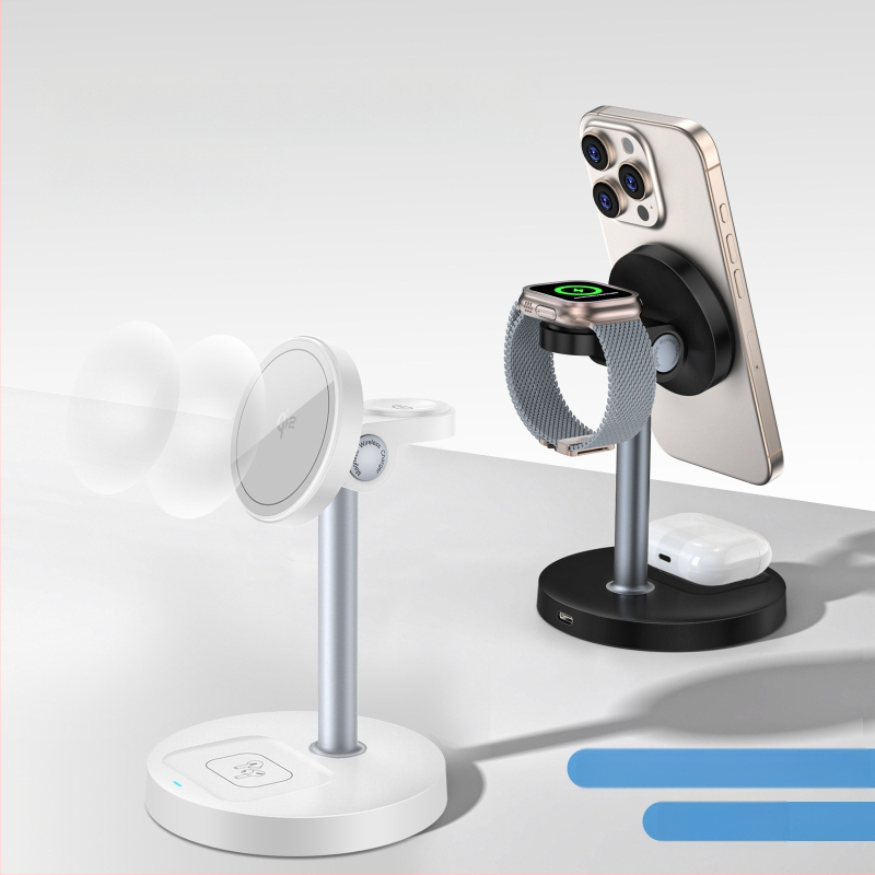 3-in-1 magnetinis belaidis įkroviklis su staliniu laikikliu telefonui ir laikrodžiui, Qi2 sertifikuotas, 15W maksimali galia, QC3.0