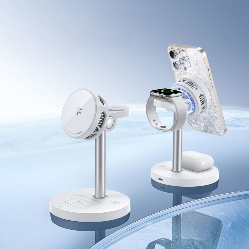 3-in-1 magnetinis belaidis įkroviklis su staliniu laikikliu telefonui ir laikrodžiui, Qi2 sertifikuotas, 15W maksimali galia, QC3.0