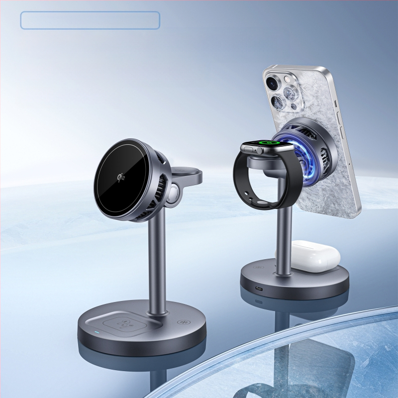 3-in-1 magnetinis belaidis įkroviklis su staliniu laikikliu telefonui ir laikrodžiui, Qi2 sertifikuotas, 15W maksimali galia, QC3.0