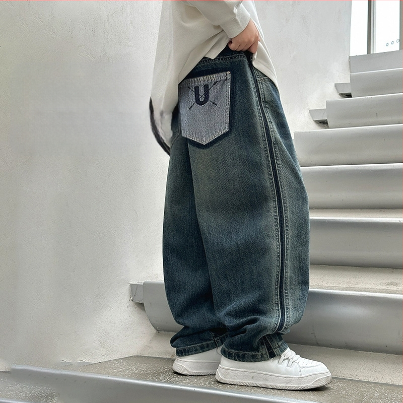 Gyermekeknek fleece-szel bélelt farmernadrág, középtalpas, elasztikus derekú, 8 év feletti gyerekeknek, tavasz–ősz