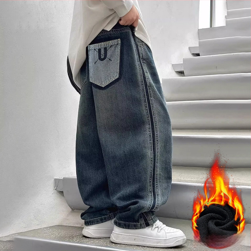 Gyermekeknek fleece-szel bélelt farmernadrág, középtalpas, elasztikus derekú, 8 év feletti gyerekeknek, tavasz–ősz