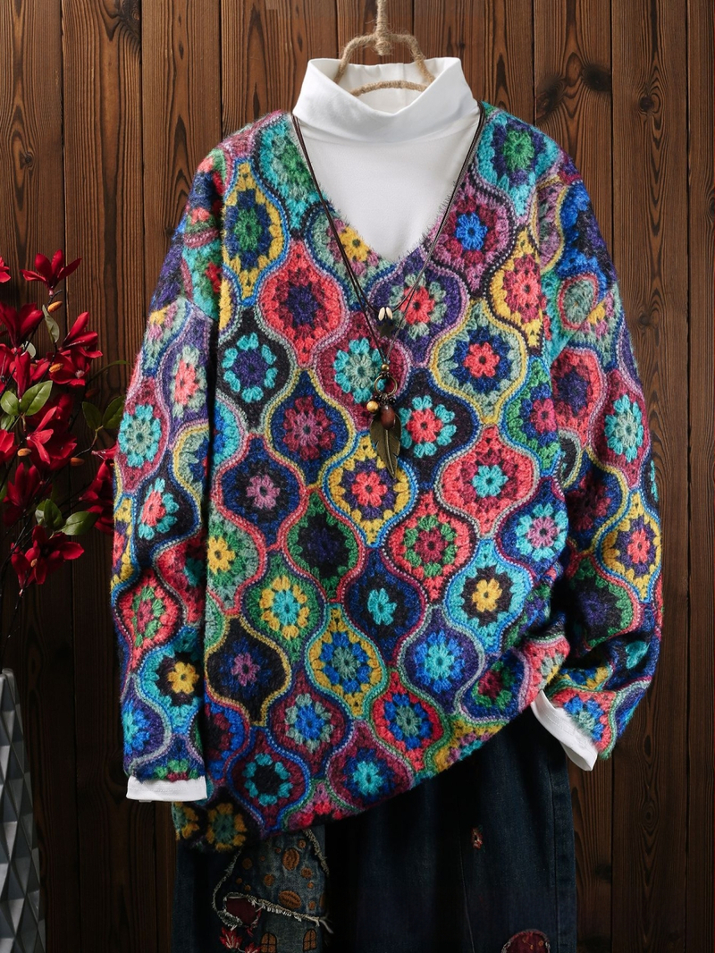 V-veida kakla džemperis, ģeometrisks raksts, poliestera audums, rudens 2024