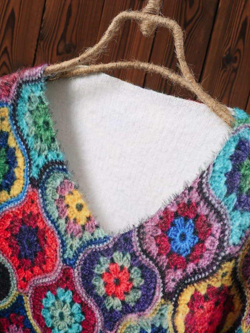 V-veida kakla džemperis, ģeometrisks raksts, poliestera audums, rudens 2024