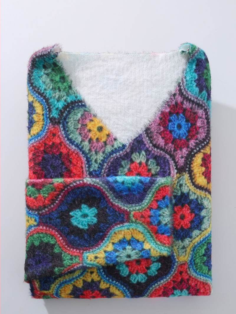 V-veida kakla džemperis, ģeometrisks raksts, poliestera audums, rudens 2024