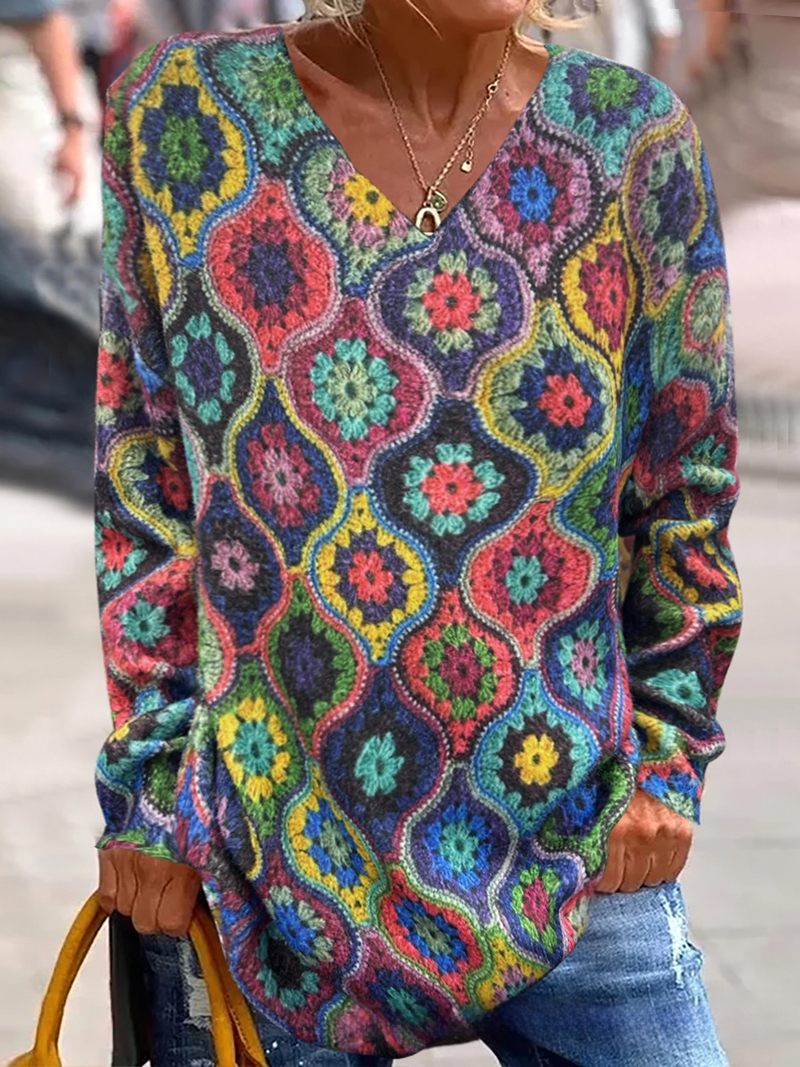 V-veida kakla džemperis, ģeometrisks raksts, poliestera audums, rudens 2024