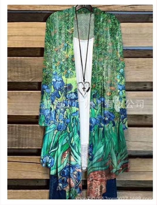 Moteriški marškiniai su ilgomis rankovėmis su spauda, ilgesnė kirpimo linija ir kailio apykakle, poliesteris